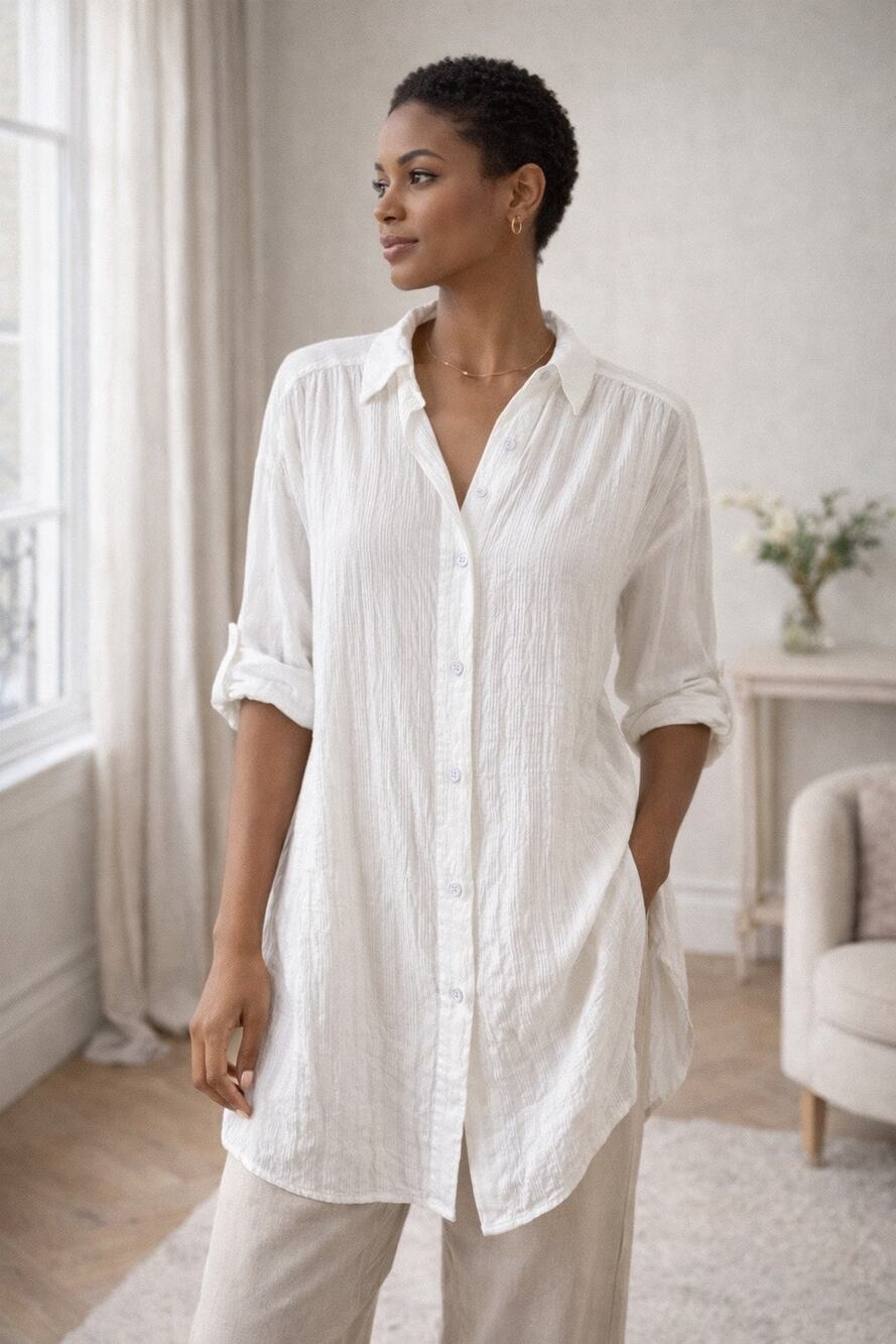 Anthropologie White Button Down Gauze Shirt Tunic Roll Tab Sleeves Small Basics